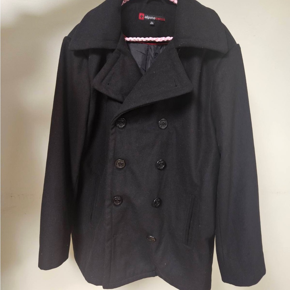 Alpine Swiss Black Double-Breasted Pea Coat